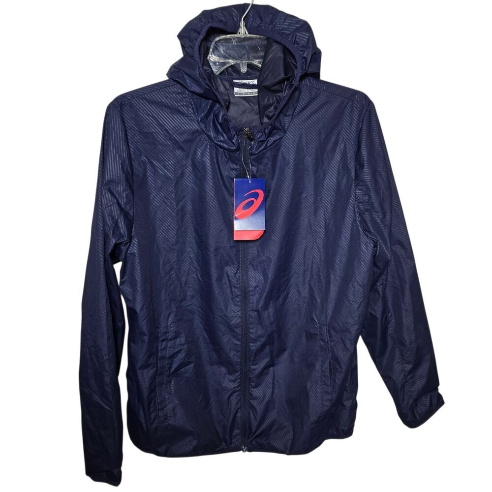 NWT Asics Womens Packable Windbreaker Full Zip Hoodie Jacket Navy Lightweight Lg